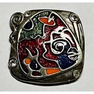 Abstract Fish  Enamel Scandinavian Style Silver Tone Modernist Brooch Square